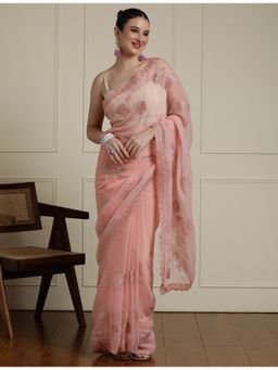 Sarha - Pink Chiffon Embroidered Saree with Unstitched Blouse