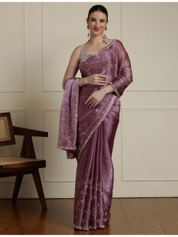 Sarha - Purple Chiffon Floral Saree with Unstitched Blouse