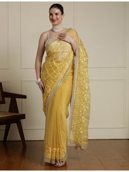 Sarha - Yellow Chiffon Embroidered Saree with Unstitched Blouse