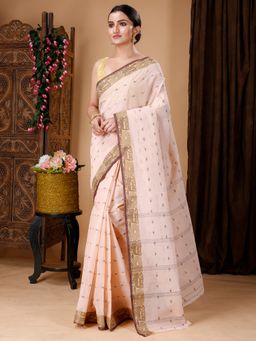 Ruuprekha - Women Cream Woven Tant Cotton Blend Saree With Unstitched Blouse