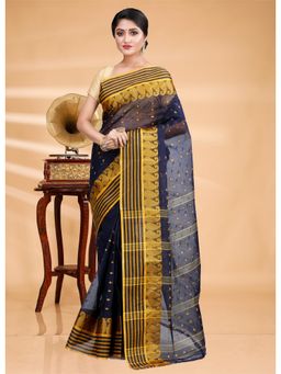 Ruuprekha - Women Blue Woven Tant Cotton Blend Saree With Unstitched Blouse