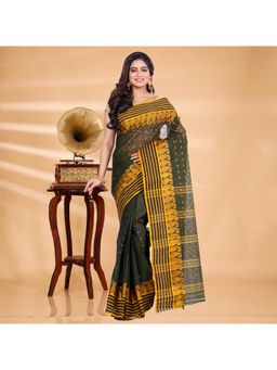 Ruuprekha - Women Green Woven Tant Cotton Blend Saree With Unstitched Blouse