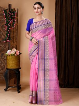 Ruuprekha - Women Pink Woven Tant Cotton Blend Saree With Unstitched Blouse
