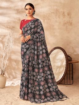 Sarha - Black Poly Georgette Printed Saree with Unstitched Blouse