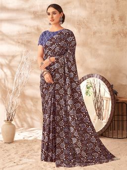 Sarha - Brown Poly Georgette Printed Saree with Unstitched Blouse