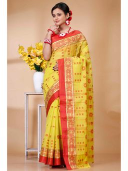 Ruuprekha - Women Olive Woven Tant Cotton Blend Saree With Unstitched Blouse