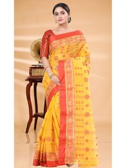 Ruuprekha - Women Yellow Woven Tant Cotton Blend Saree With Unstitched Blouse