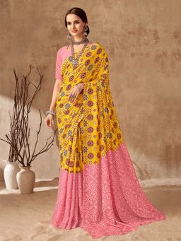 Sarha - Yellow Poly Georgette Floral Saree with Unstitched Blouse