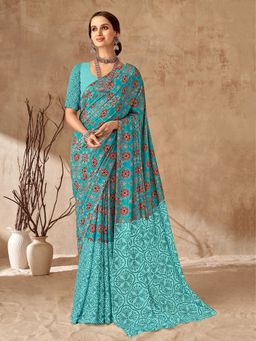 Sarha - Green Poly Georgette Floral Saree with Unstitched Blouse