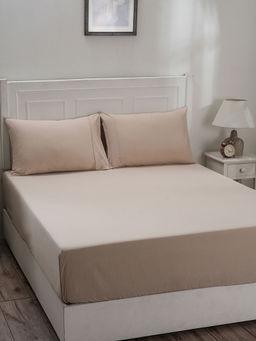 Maspar - Colorart Eden 144 TC Cotton Solid Sand Dune Double Fitted Sheet with 2 Pillow Covers (Queen)