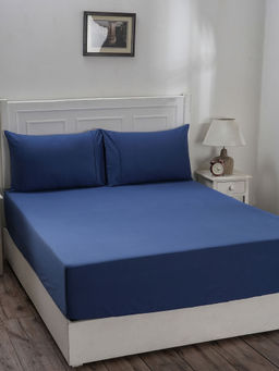 Maspar - Colorart Eden 144 TC Cotton Solid Denim Blue Double Fitted Sheet with 2 Pillow Covers (Queen)