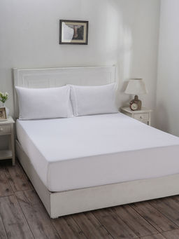 Maspar - Colorart Eden 144 TC Cotton Solid White Single Fitted Sheet with 1 Pillow Cover (Single)