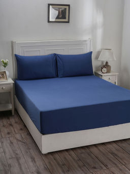 Maspar - Colorart Eden 144 TC Cotton Solid Denim Blue Single Fitted Sheet with 1 Pillow Cover (Single)