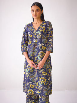 Ancestry - Navy Blue Allover Floral Printed Kurta