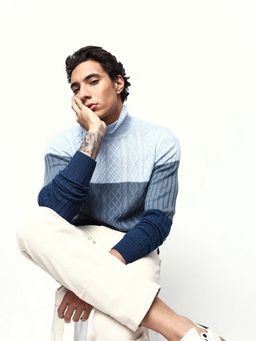 Dennis Lingo - Men Blue Acrylic Colorblock Sweater