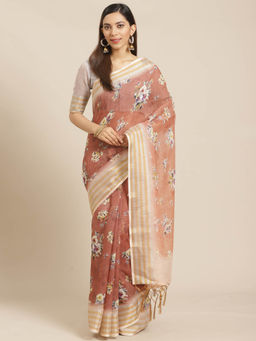 Akhilam - Brown Floral Printed Saree With Unstitched Blouse