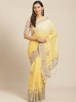 Akhilam - Yellow Floral Printed Saree With Unstitched Blouse