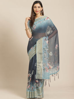Akhilam - Green Floral Printed Saree With Unstitched Blouse