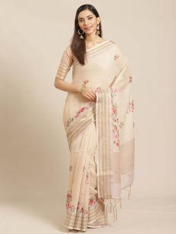Akhilam - Beige Floral Printed Saree With Unstitched Blouse