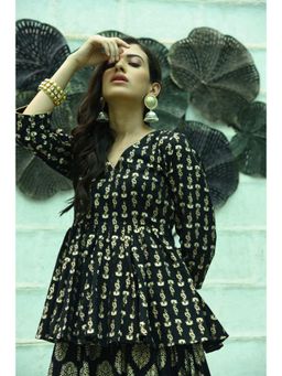 MONK & MEI - Black Amrit- Mulmul Peplum Top