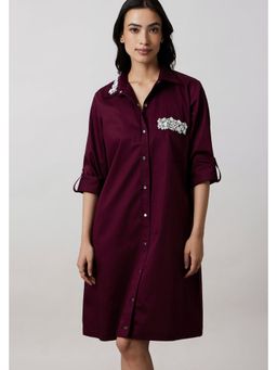 Pallavi Swadi - Burgundy Collar Pocket Swarovski Shirt Dress