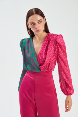Sateen - Fuchsia-Green Colorblock Pattern Top