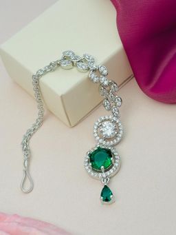 Abdesigns - Silver-Plated American Diamond Studded Maang Tikka - Green