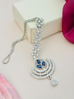 Abdesigns - Silver-Plated American Diamond Studded Maang Tikka - Blue