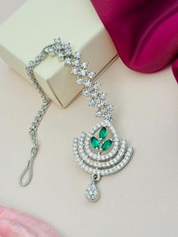 Abdesigns - Silver-Plated American Diamond Studded Maang Tikka - Green
