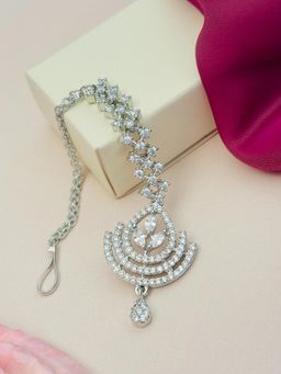 Abdesigns - Silver-Plated American Diamond Studded Maang Tikka - White