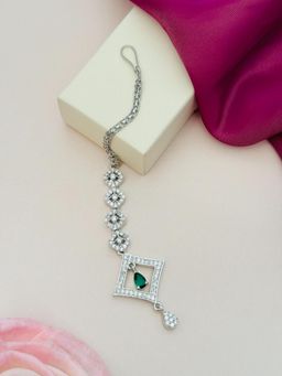 Abdesigns - Silver-Plated American Diamond Studded Maang Tikka - Green