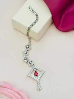 Abdesigns - Silver-Plated American Diamond Studded Maang Tikka - Red