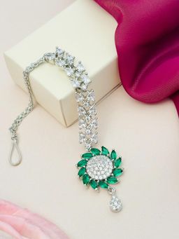 Abdesigns - Silver-Plated American Diamond Studded Maang Tikka - Green