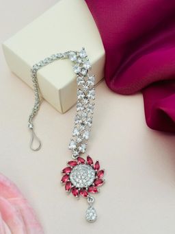 Abdesigns - Silver-Plated American Diamond Studded Maang Tikka - Red