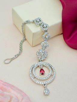 Abdesigns - Silver-Plated American Diamond Studded Maang Tikka - Red