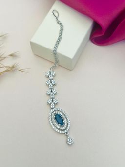 Abdesigns - Silver-Plated American Diamond Studded Maang Tikka - Blue