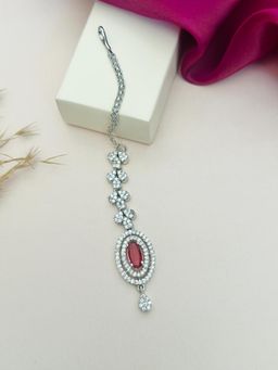 Abdesigns - Silver-Plated American Diamond Studded Maang Tikka - Red