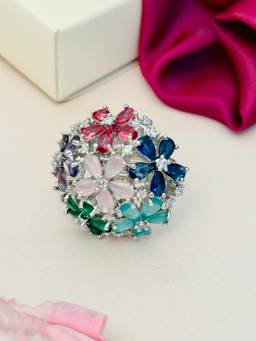 Abdesigns - Exquisite Silver Plated American Diamond Ring - Multi-Color
