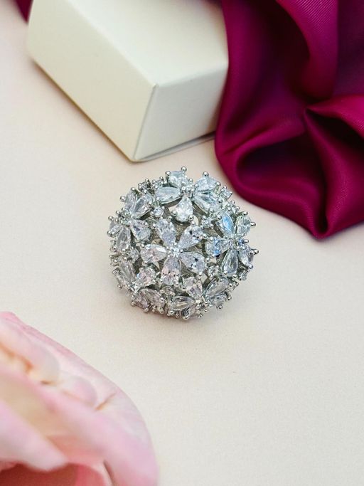 Abdesigns Exquisite Silver Plated American Diamond Ring - White