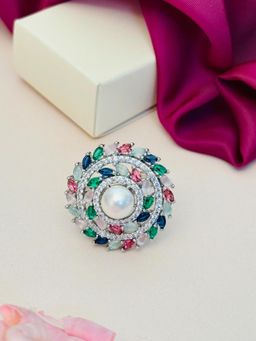 Abdesigns - Exquisite Silver Plated American Diamond Ring - Multi-Color