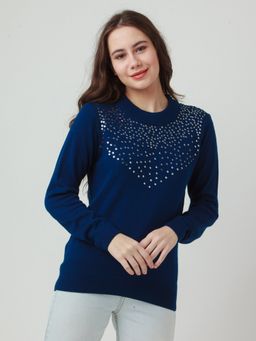 Zink London - Womens Blue Embellished Sweater