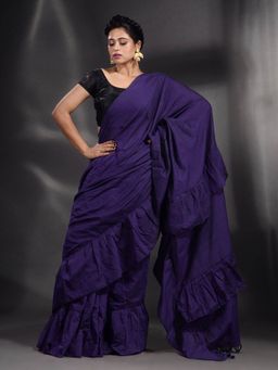 Arhi - Navy Blue Pure Cotton Handwoven Ruffle Saree with Unstitched Blouse