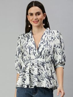SHOWOFFFF - Women V-Neck Abstract Blue Regular Top