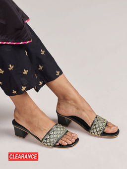 Azai by Nykaa Fashion - Black and Gold Sequin Diamante Lace Festive Block Heels
