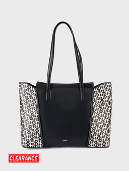 IYKYK by Nykaa Fashion - Black Monogram Panelled Zipper Tote Bag