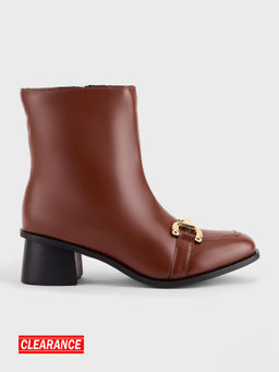 IYKYK by Nykaa Fashion - Tan Square Toe Metal Buckle Detail Mid Calf Block Heeled Boots