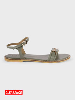 IYKYK by Nykaa Fashion - Olive Green Round Toe Buckle Embellishment Ankle Strap Flats