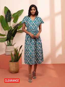 Likha - Syaahi Indigo Jaipuri Printed Midi Dress LIKDRS28