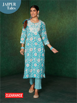 Likha - Sky Blue Jaipuri Printed Naira Cut Kurta with Pant LIKSKD142 (Set of 2)