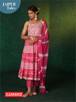 Likha - Pink Bandhani Printed Tiered Kurta Pant & Dupatta LIKSKD171 (Set of 3)